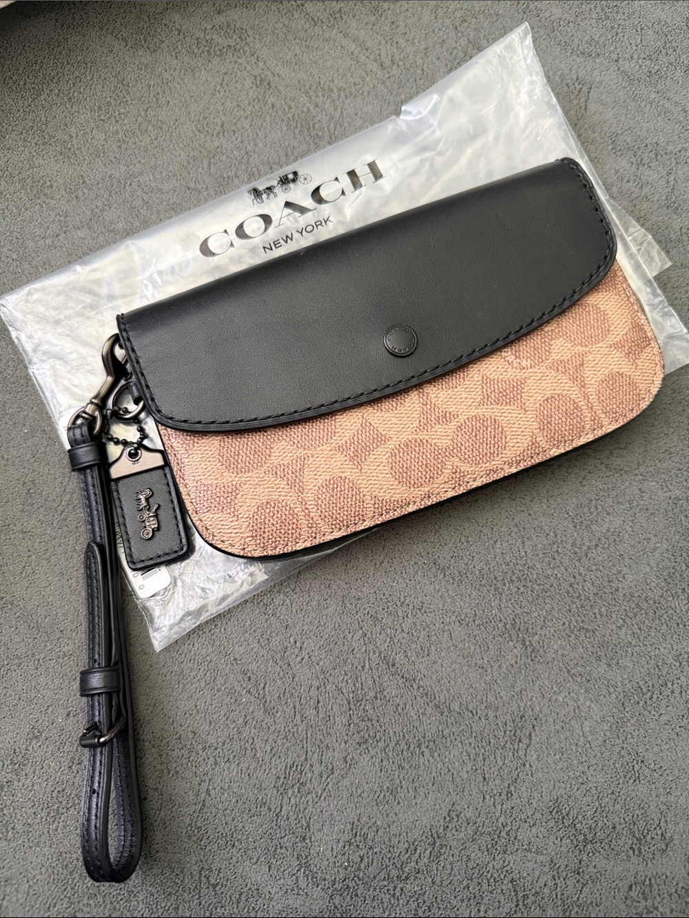 Coach Pink/Tan Signature Canvas Wristlet with Black Leather Flap